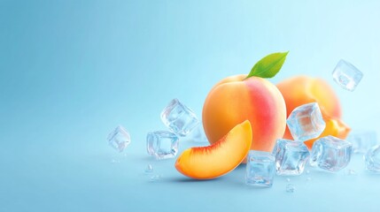 A vibrant whole peach rests alongside a juicy slice, both accentuated by sparkling ice cubes. The cool tones reflect a fresh, summery vibe perfect for any fruit lover