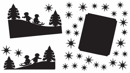 Silhouette of children sledding down hills with christmas trees and snowflakes in black and white design | editable eps vectors
