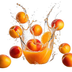 Apricot juice splash! Fruit flies amid liquid. Black background