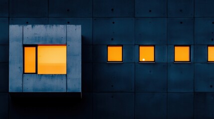 A modern building with a dark blue exterior and orange windows.