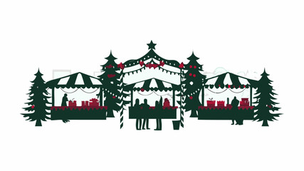 Fototapeta premium Illustration of a christmas market with stalls, christmas trees, and people in a festive environment | editable eps vectors silhouette