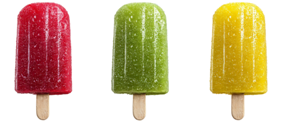 Three colorful ice popsicles in red, green, and yellow arranged in a row, showcasing a refreshing summer treat with a subtle sheen of frost, ideal for food photography and advertising