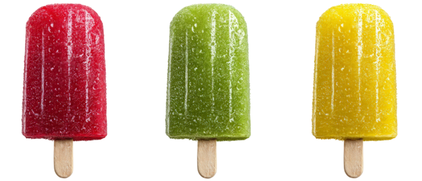 Three colorful ice popsicles in red, green, and yellow arranged in a row, showcasing a refreshing summer treat with a subtle sheen of frost, ideal for food photography and advertising