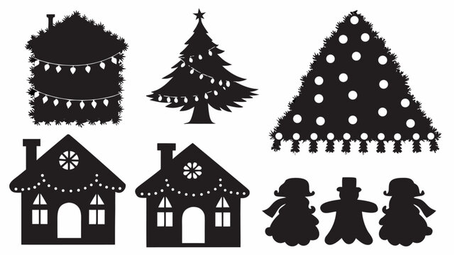 Silhouette christmas scene featuring decorated houses trees and snowmen in a festive arrangement design | editable eps vectors