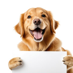 Smiling dog holding a blank sign on a black background
