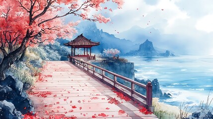 Peaceful coastal path with gazebo and blossoms