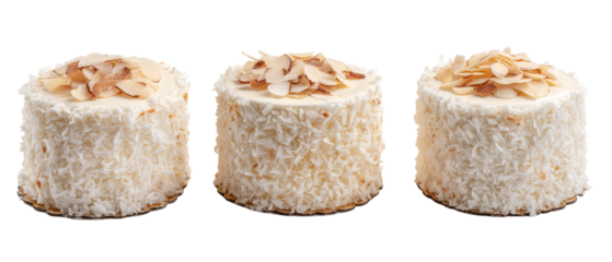 Three round coconut cakes topped with almond slices, arranged in a row on a plain background, showcasing their texture and decoration, ideal for dessert menus or culinary presentations