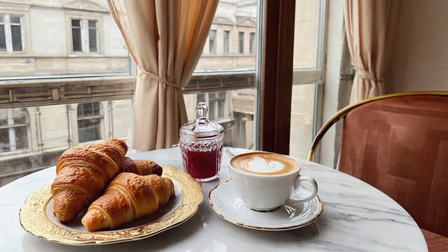 Photorealistic cozy breakfast with croissants jam and cappuccino on marble table by window with elegant vintage interior