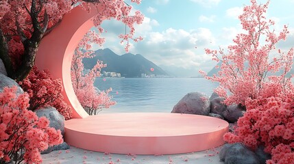 Pink platform in cherry blossom landscape