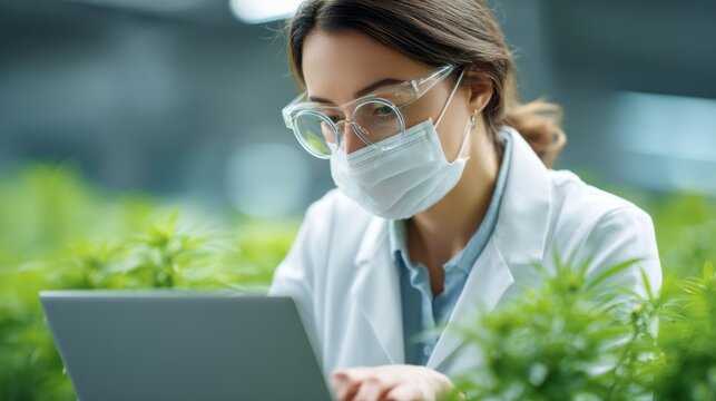 In a laboratory filled with lush greenery, a scientist with glasses and a mask is intently working on a laptop. The atmosphere is vibrant and focused, showcasing dedication to research