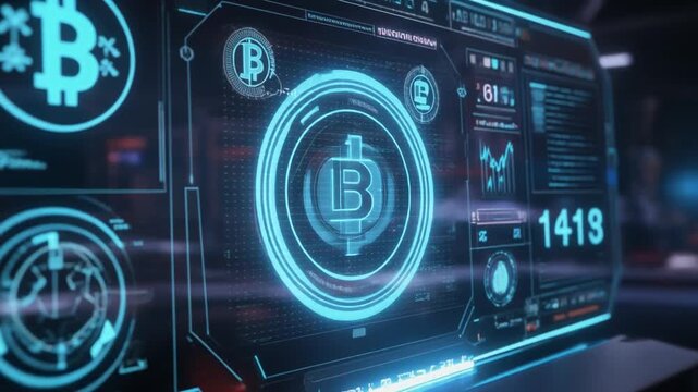 Futuristic digital interface displaying cryptocurrency data and Bitcoin symbols in a glowing blue hue. - Powered by Adobe