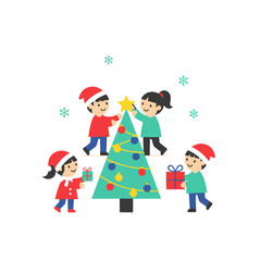 Flat vector illustration of cute children celebrating Christmas with fun decorations and a bright festive atmosphere. Perfect for greeting cards, posters, and digital holiday designs
