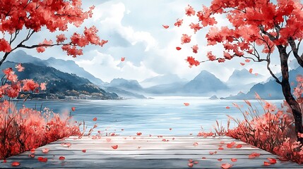 Scenic lakeside view with red trees