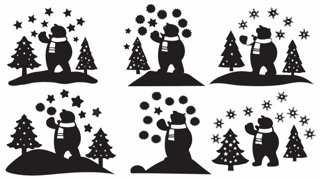 Silhouetted bears with scarves amidst christmas trees and falling stars and snowflakes in winter scenes | editable eps vectors