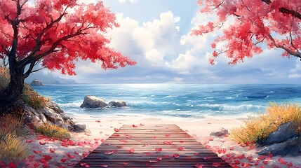 Peaceful beach scene with pink blossoms