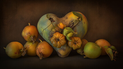 deceptive. Beautiful yet poisonous fruits arranged in a heart shape reveal subtle cracks. menu design, packaging mockups, designed for culinary blogs and recipe cards for restaurants.