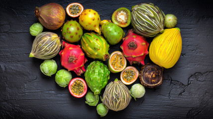 deceptive. Beautiful yet poisonous fruits arranged in a heart shape reveal subtle cracks. menu design, packaging mockups, designed for culinary blogs and recipe cards for restaurants.