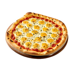 Egg pizza on a wooden platter, featuring sauce, cheese, and garnish