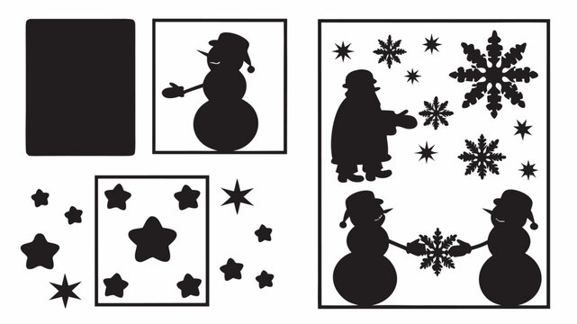 Silhouette christmas themed window decorations featuring snowmen santa and stars in black and white design | editable eps vectors