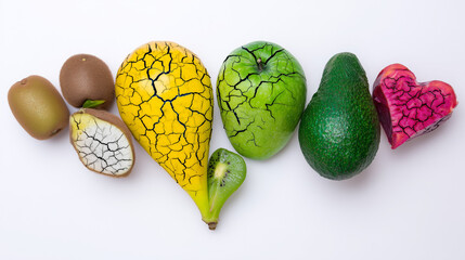 deceptive. Beautiful yet poisonous fruits arranged in a heart shape reveal subtle cracks. menu design, packaging mockups, designed for culinary blogs and recipe cards for restaurants.