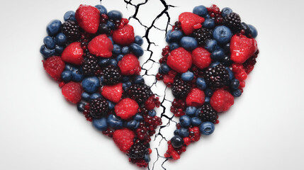 deceptive. Beautiful yet poisonous fruits arranged in a heart shape reveal subtle cracks. menu design, packaging mockups, designed for culinary blogs and recipe cards for restaurants.