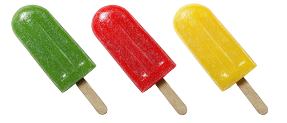 A colorful trio of frozen popsicles in vibrant green, red, and yellow hues, arranged on a white background, evoking a refreshing summer treat ideal for cooling down on a hot day