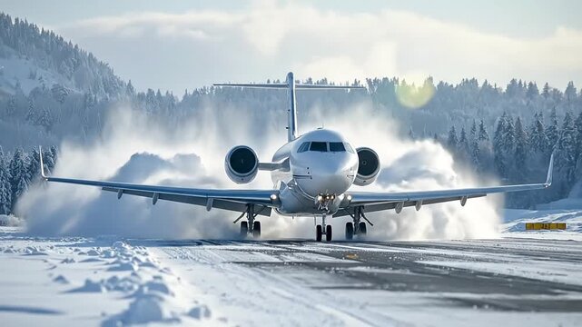 Private aircraft accelerating down a snow-covered airport runway with powdery snow billowing behind it against a wintery mountain backdrop