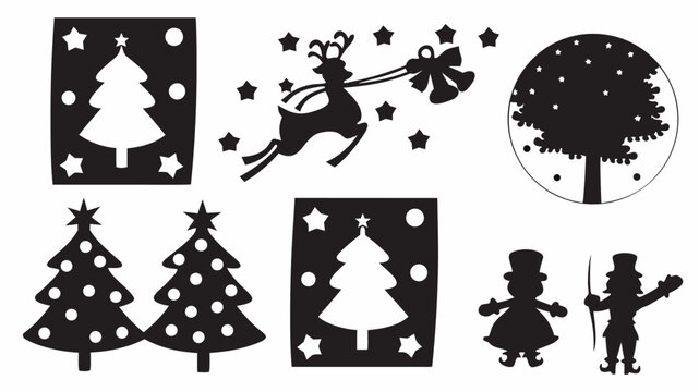 Silhouette christmas themed elements featuring trees reindeer bells and figures in black and white style | editable eps vectors