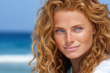Beautiful woman with curly red hair enjoys a sunny day at the beach near the ocean waves