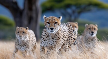 four cheetahs chasing an impala in the savannah