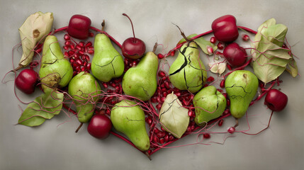 deceptive. Beautiful yet poisonous fruits arranged in a heart shape reveal subtle cracks. menu design, packaging mockups, designed for culinary blogs and recipe cards for restaurants.