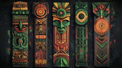 Obraz premium Papua New Guinea tribal totems, theme color #01EBBA, featuring green patterns on a dark background. The artwork is high resolution and highly detailed, presented in a digital art style suitable for a 