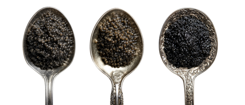 Three elegant silver spoons filled with different varieties of caviar, showcasing their textures and colors against a clean black background, ideal for gourmet food presentations