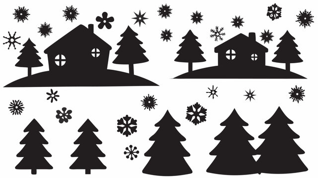 Silhouette winter scene featuring houses, christmas trees, and snowflakes scattered across a white background | editable eps vectors