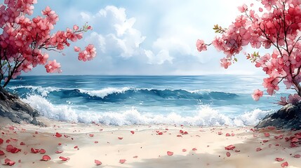 Coastal scene with pink cherry blossoms