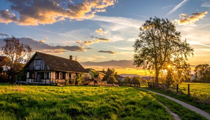 A serene countryside scene with a house and golden sunset