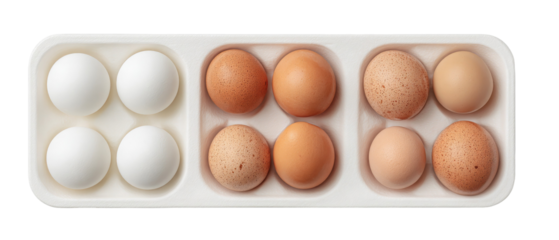 A neatly arranged carton containing six white eggs on one side and six brown eggs on the other, set against a clean, white background, ideal for culinary or grocery-related content