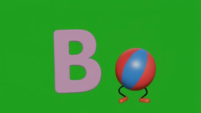 Animated letter 'B' cheerfully bouncing while a colorful cartoon ball hops next to it. The ball and the letter 'B' take turns bouncing higher in a playful challenge. Greenscreen background, fun and li
