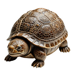 Brown tortoise with ornate shell, isolated on black background