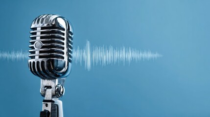 Vintage microphone with glowing white sound wave graphic against blue.