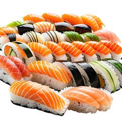 Assorted sushi featuring salmon and fresh ingredients on rice