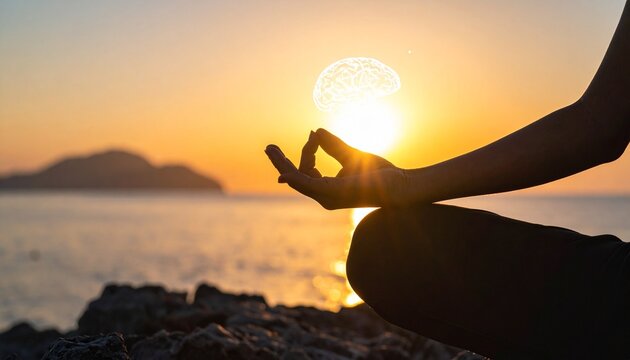 Person meditating on rocky shore at sunset, brain icon over sun, water and mountain in background.