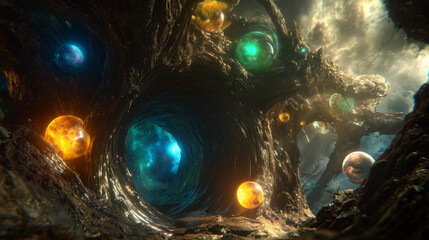 geode. Translucent geode bursting with cosmic dust and glowing bubbles, capturing ancient atmosphere. STEM education sheets.