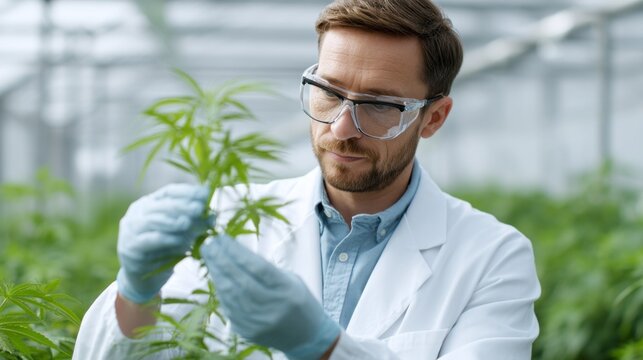 In a spacious greenhouse, a dedicated scientist inspects the details of a green plant. Wearing protective gear, he studies its features closely, contributing to innovative research