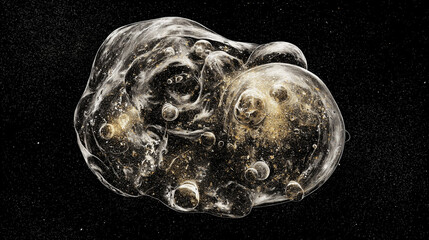 geode. Translucent geode bursting with cosmic dust and glowing bubbles, capturing ancient atmosphere. STEM education sheets.