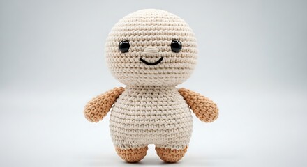 Amigurumi Crochet Doll with Black Eyes and Smiling Face on White Background stuffed
