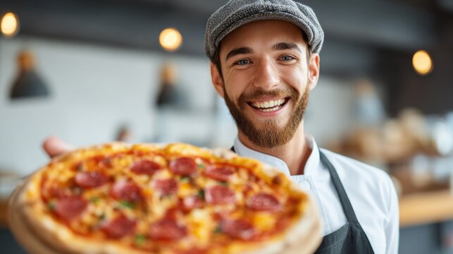 A joyful male chef stands in a lively kitchen, holding a mouthwatering pizza topped with pepperoni and fresh ingredients. His smile radiates passion for cooking, creating a warm atmosphere
