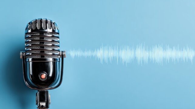 Vintage microphone captures sound waves against a light blue background.
