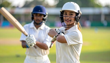 Cricket players on grassy field, one in helmet with bat, the other in white shirt, sunny day.
