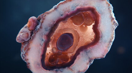 geode. Translucent geode bursting with cosmic dust and glowing bubbles, capturing ancient atmosphere. STEM education sheets.